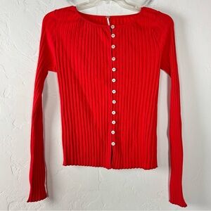 Free People Cardigan Sweater Tilly Long Sleeve Cardi Red Ribbed Button Down Top